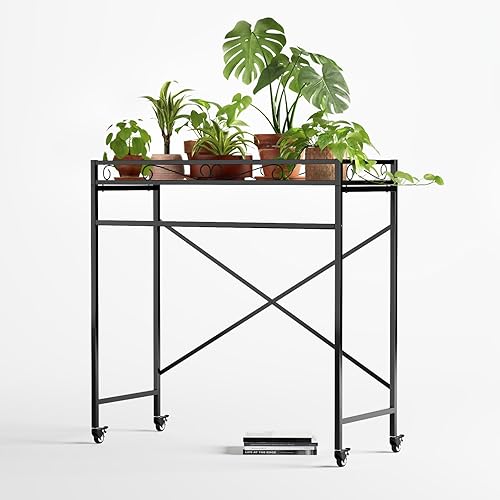 Zhongma Soporte de metal resistente para plantas de 1 nivel con ruedas, estante resistente para suculentas para el hogar en interiores y exteriores,