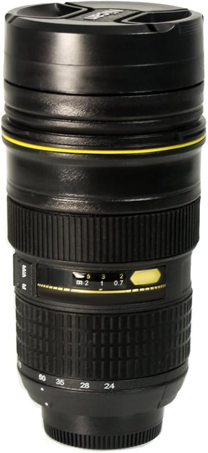 Foto&Tech Travel Coffee Mug Cup Thermos Lenscup Lens Cup, Stainless Steel Insulated Tumbler (Modeling 1:1 AF-S 24-70mm f/2.8G ED Camera Lens 14.5 Ounce, Black)