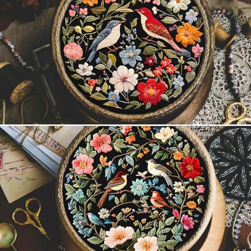 Image of FONNUY Embroidery Kit for Beginners, Birds with Flowers Pre-Stamped Pattern Kits for Adults with Hoop, Easy to Follow Color Thread Needlework, 8'' Hoop (Red)