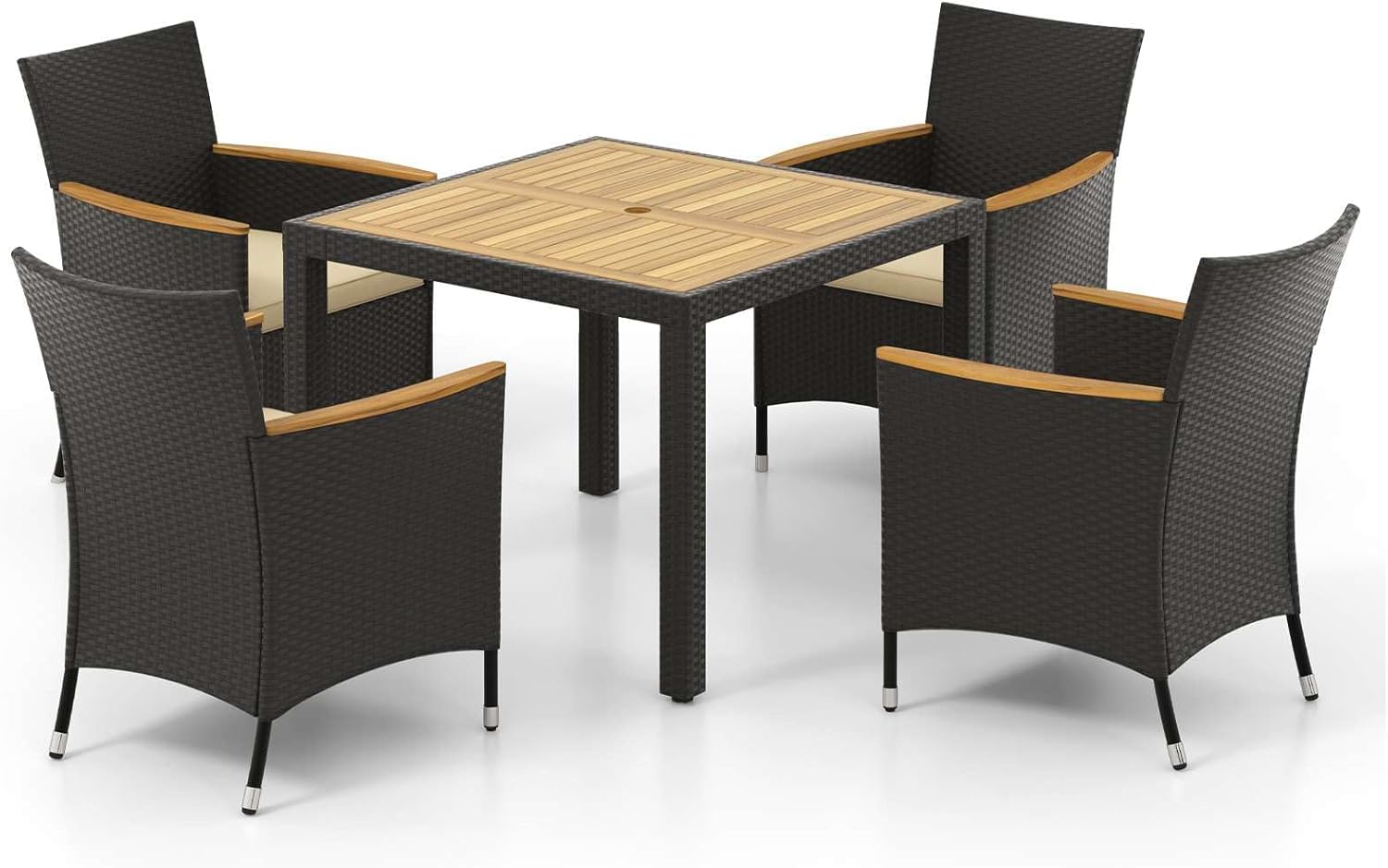 ORALNER 5 Piece Rattan Patio Dining Set, Wicker Table with Acacia Wood Top and 4 Chairs, Seat Cushions Included, for Garden Yard Pool
