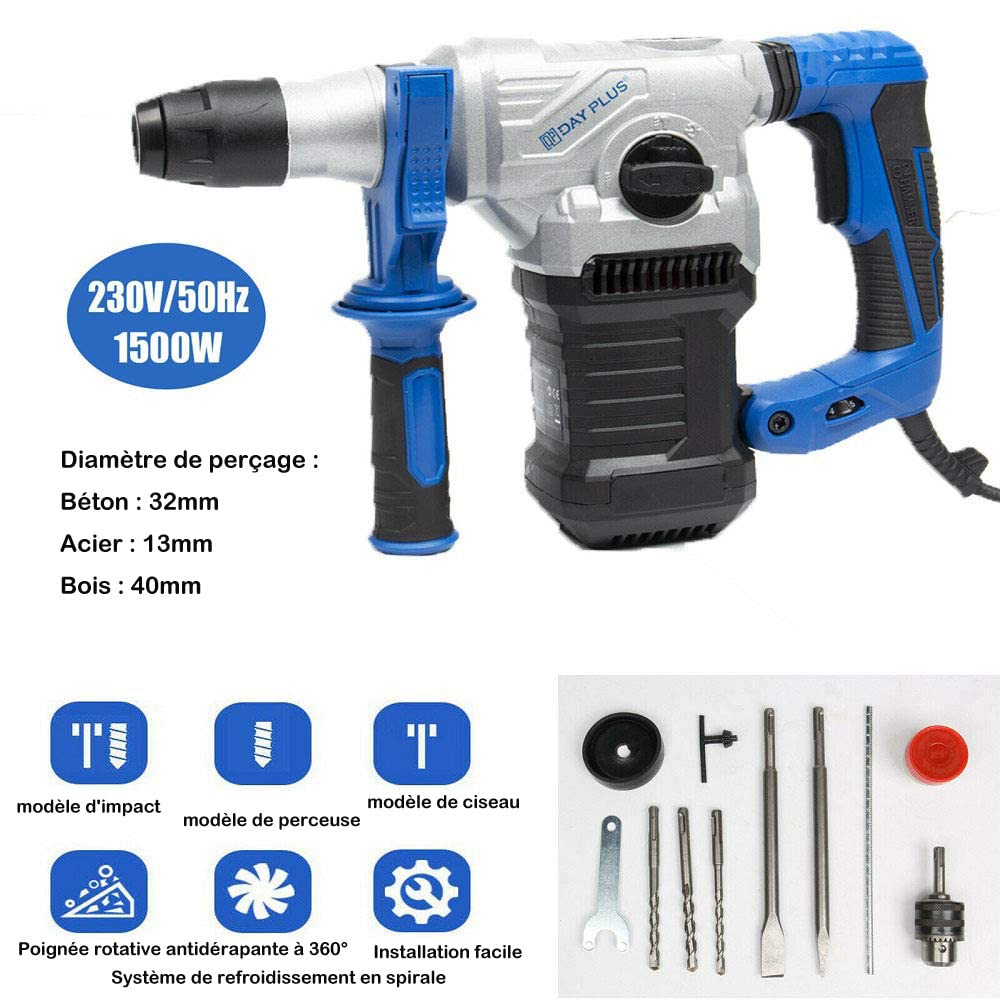 Martillo perforador, Taladro de percusión SDS giratorio sin escobillas, Demolición de rompebaldosas de hormigón robusto, Nuevo martillo de demolición eléctrica 1500W Kit