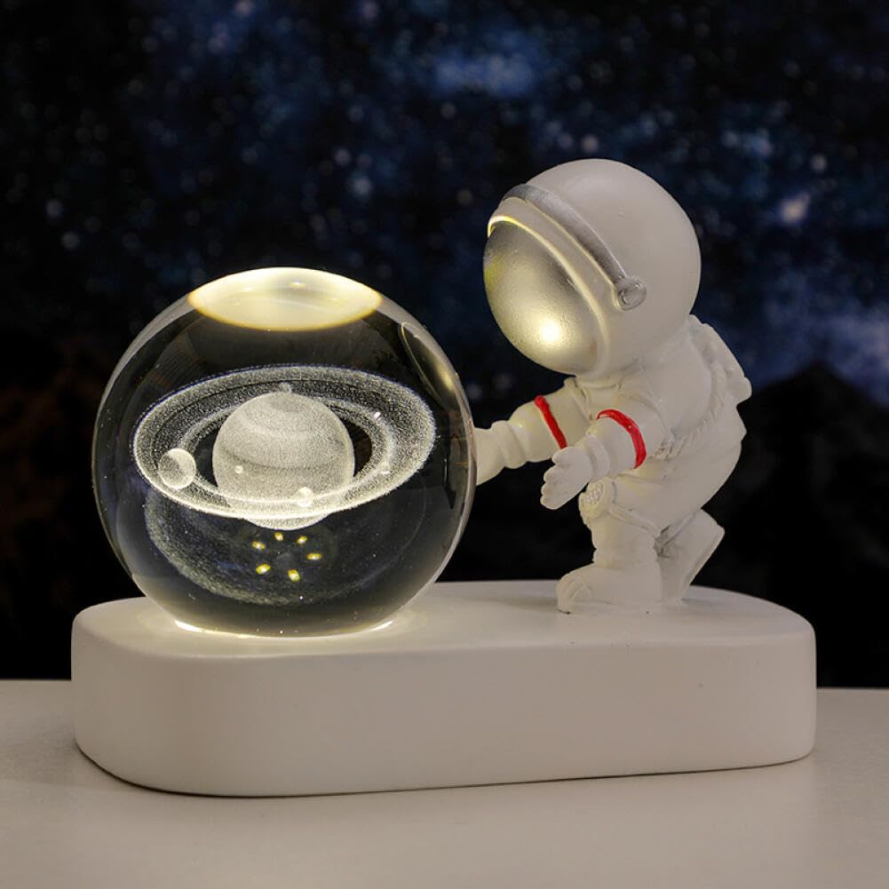 Goodern 3D Crystal Ball Night Light Crystal Glass Ball Light with LED Base Astronaut Design,Planet Nightlight Clear Ball Crystal Ball Night Lamp Ornaments,Office Home Decor Craft Gifts-Saturn