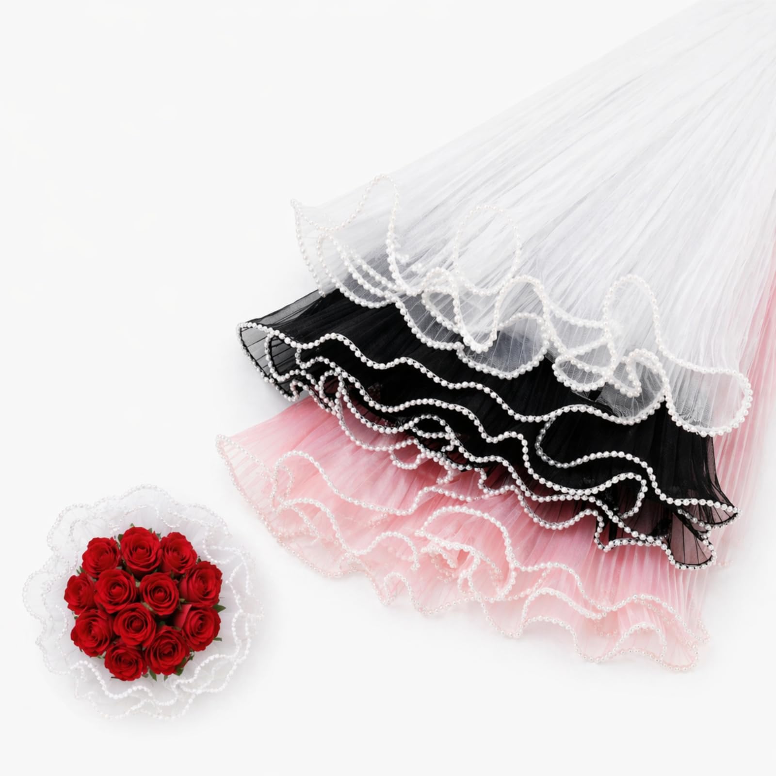 3 PCS Bouquet Wrapping Paper Black/White/Pink, 4 Yard Pearl Edge Mesh Wrinkled Flower Floral Paper for Bouquets Florist Supplies Packaging DIY Crafts