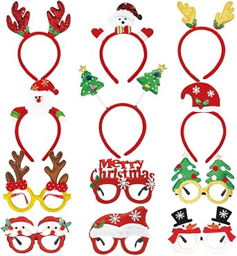 WODMAZ 12PCS Christmas Headbands and Glasses Frames Set, Cute Christmas Headbands Party Glasses Frames Accessories for Women Men Christmas Party Favors Gifts and Photo Booth