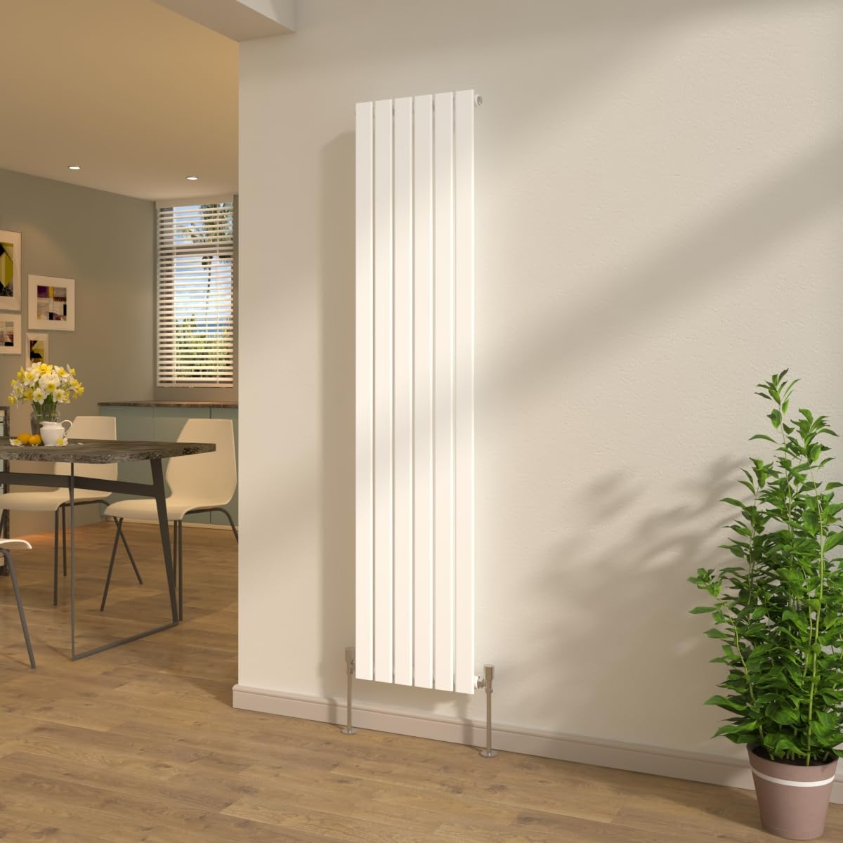 NRG Designer Radiator 1800x408mm Gloss White Vertical Single Flat Panel Bathroom Central Heating + Free Angled Valves