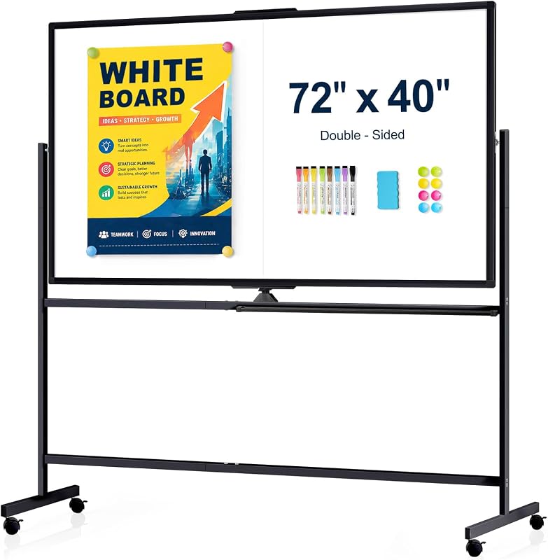 Rolling Whiteboard 72" x 40" Sturdy Dry Erase White Board on Wheel | Large Magnetic Standing Whiteboard Easel with Double-sided, Office Supplies, Home, School, Black Frame