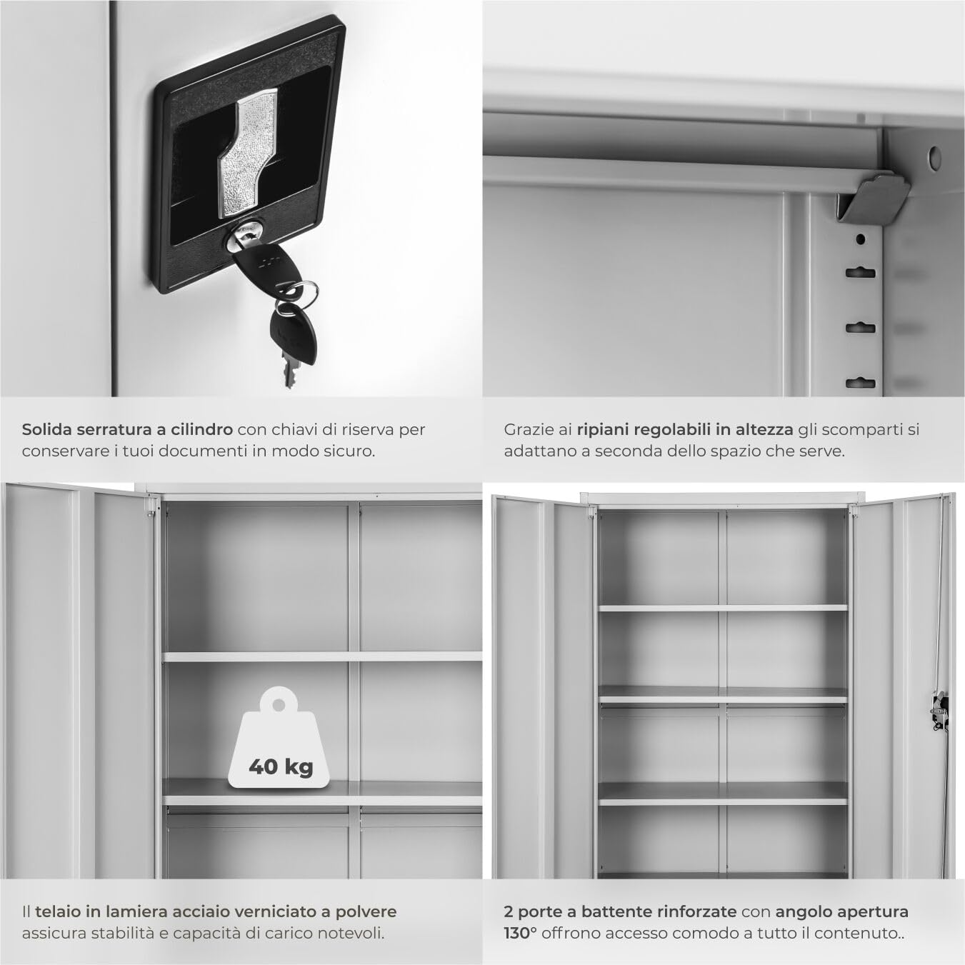 tectake® Armadio Porte Battenti, 180x80x40 cm, con 2 Ante e 5 Ripiani, Mobile con Serratura Chiave, Armadietto Portadocumenti e Faldoni per Ufficio in Metallo, Mobili Ufficio, Archivio - Grigio