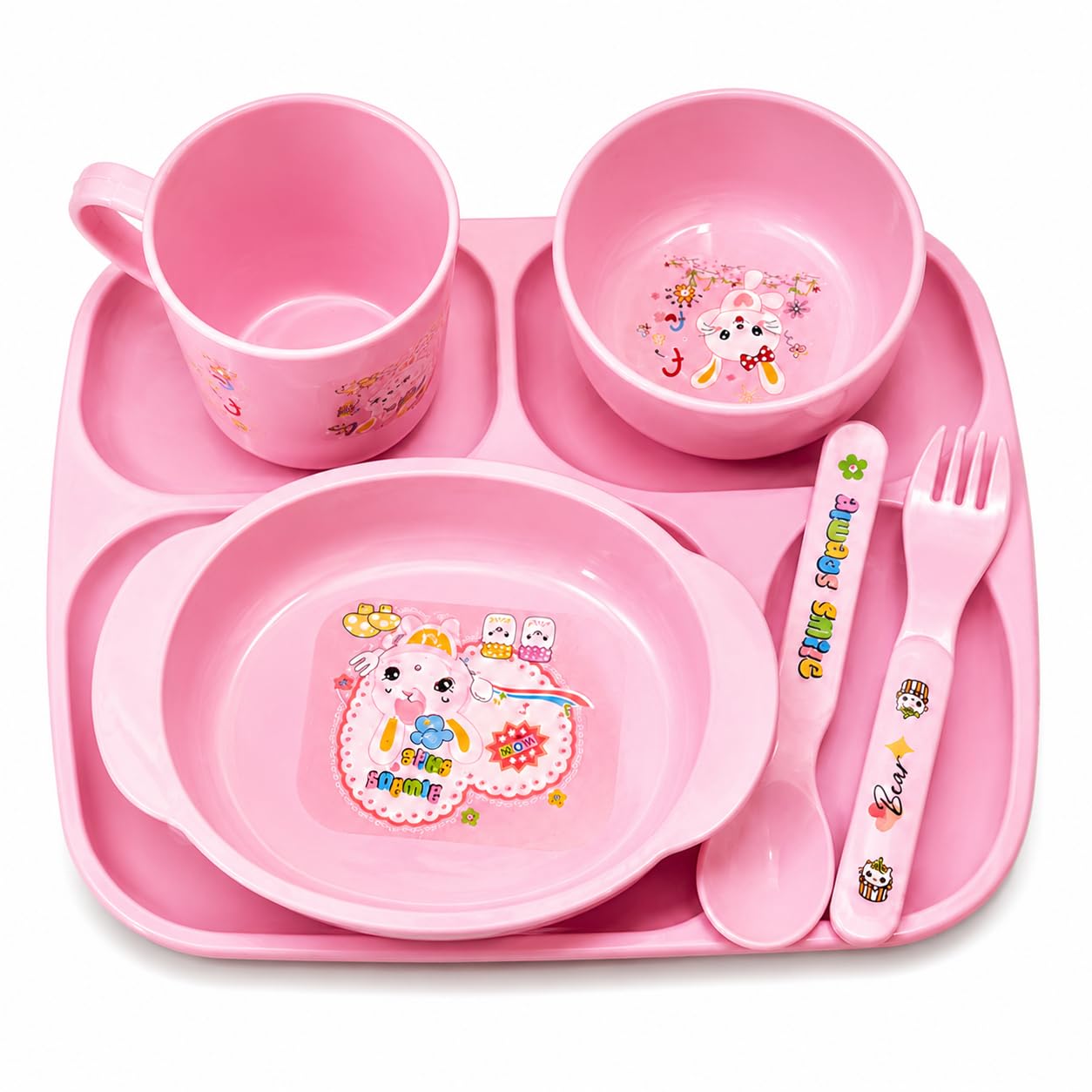 6 PCS Kids Dinner Set for Babies & Toddlers | BPA Free Food Grade Plastic Feeding Set with Plate, Bowl, Spoon, Fork & Mug | Microwave Safe & Unbreakable Cartoon Tableware Set for Boys & Girls (Pink)-image-32