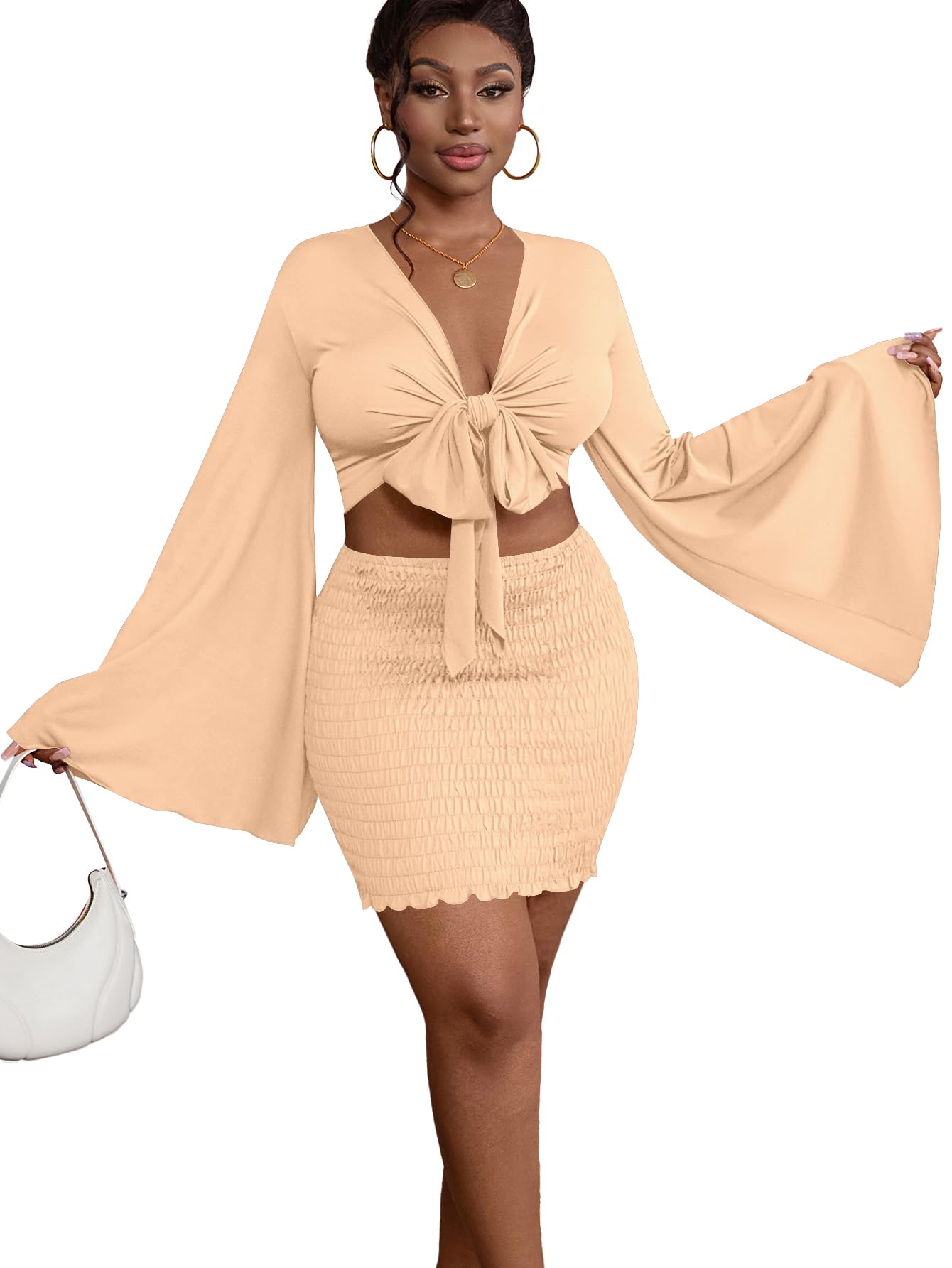 LYANER Women 2 Piece Vacation Outfits Tie Knot Front Bell Long Sleeve Crop Top and Mini Skirt Summer Set