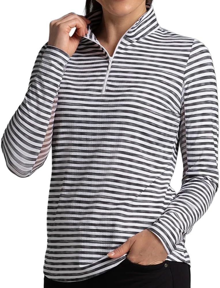 IBKUL Athleisure Wear Sun Protective UPF 50+ Icefil Cooling-Landon Stripe II Print Long Sleeve Mock Neck Top-10164