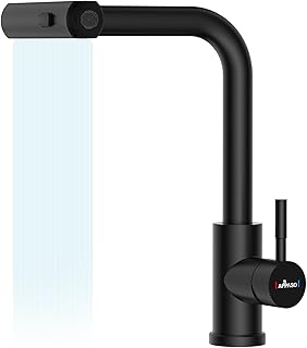 APPASO Grifo Cocina negro Waterfall, Grifo de cocina de alta presión, Grifo de cocina extraíble con 3 tipos de chorro giratorio 360°, Acero inoxidable negro