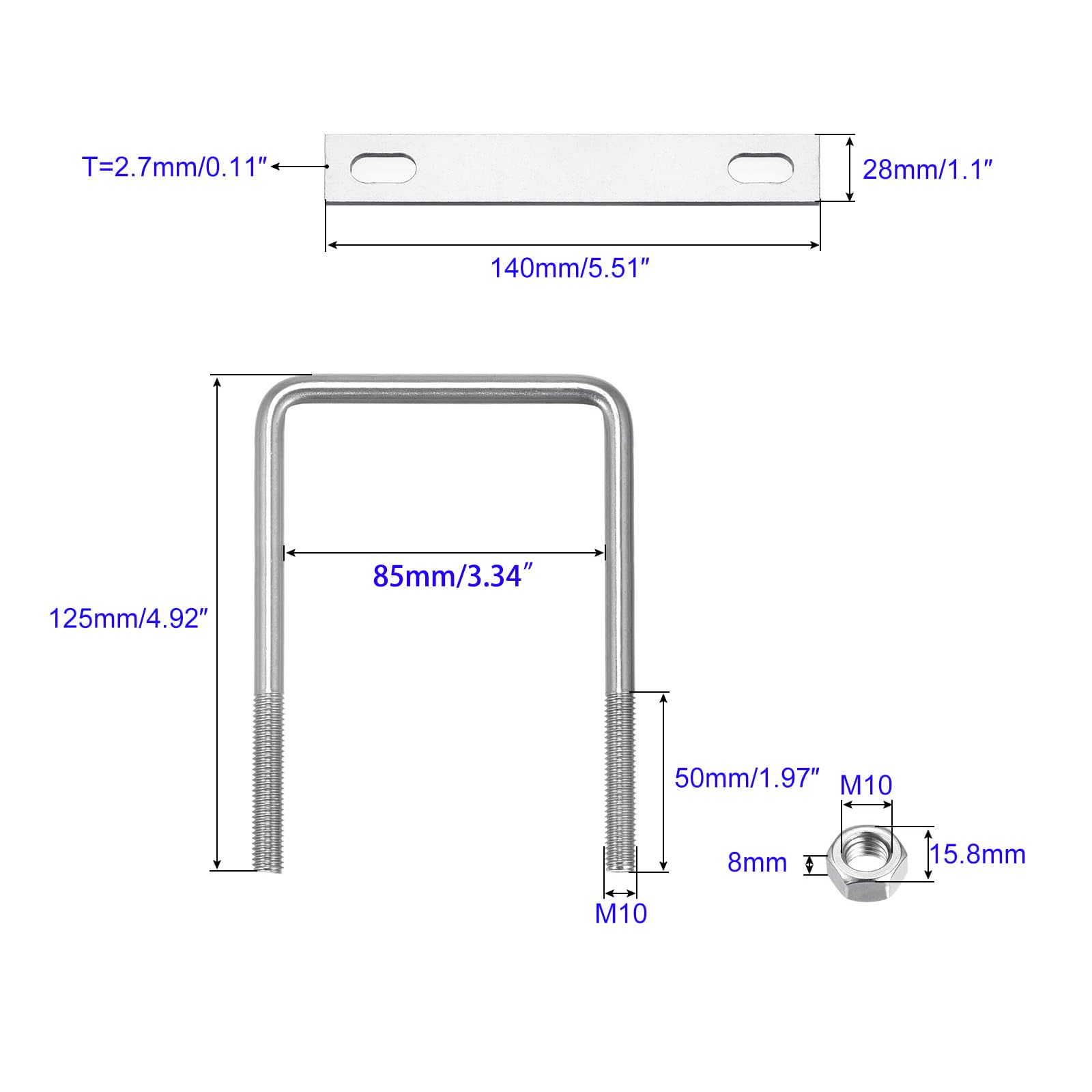 MACHSWON Square U-Bolt,1 Set 304 Stainless Steel M10 U Bolts 85mm(3.43") Inner Width 125mm Length with Nuts and Frame Plate for Automobiles Boat Trailer - Image 2