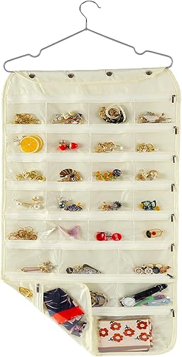 Lonnom Organizador de lentes de sol, soporte de pared para lentes de sol colgantes de doble cara con 16 bolsillos, organizador de joyas y 16 ganchos