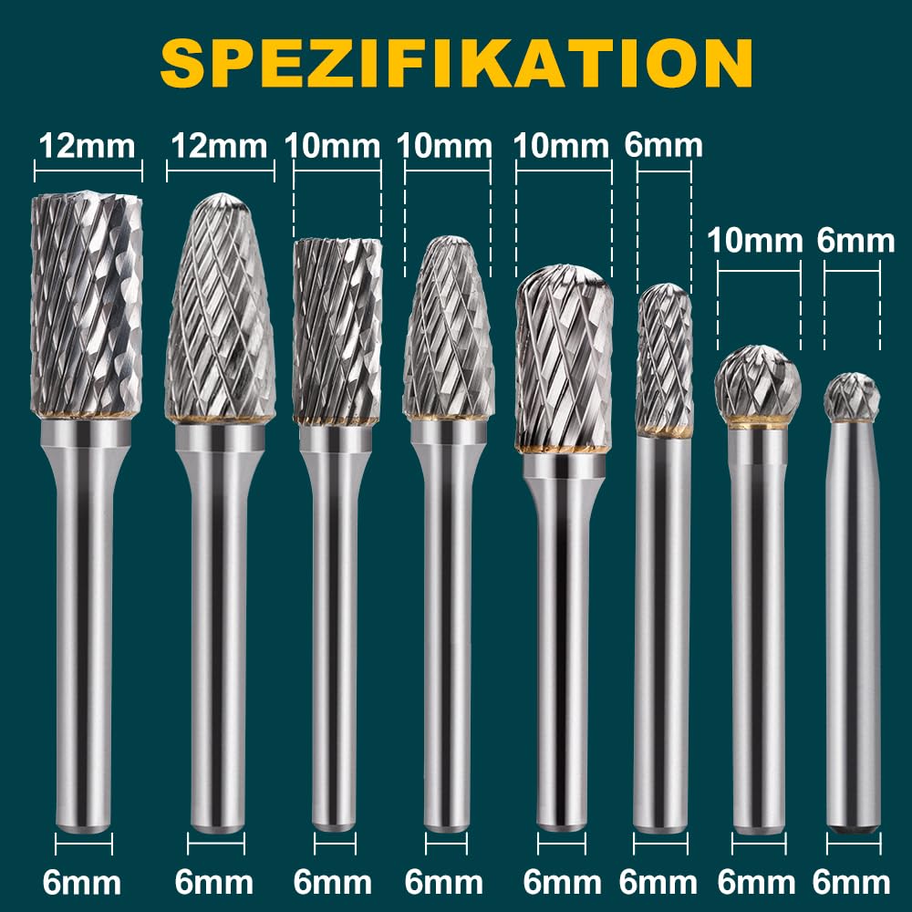 Juego de fresas de metal duro con vástago de 6 mm, 8 piezas de fresado, fresa rotativa para grabado de madera, lijado y pulido de metal