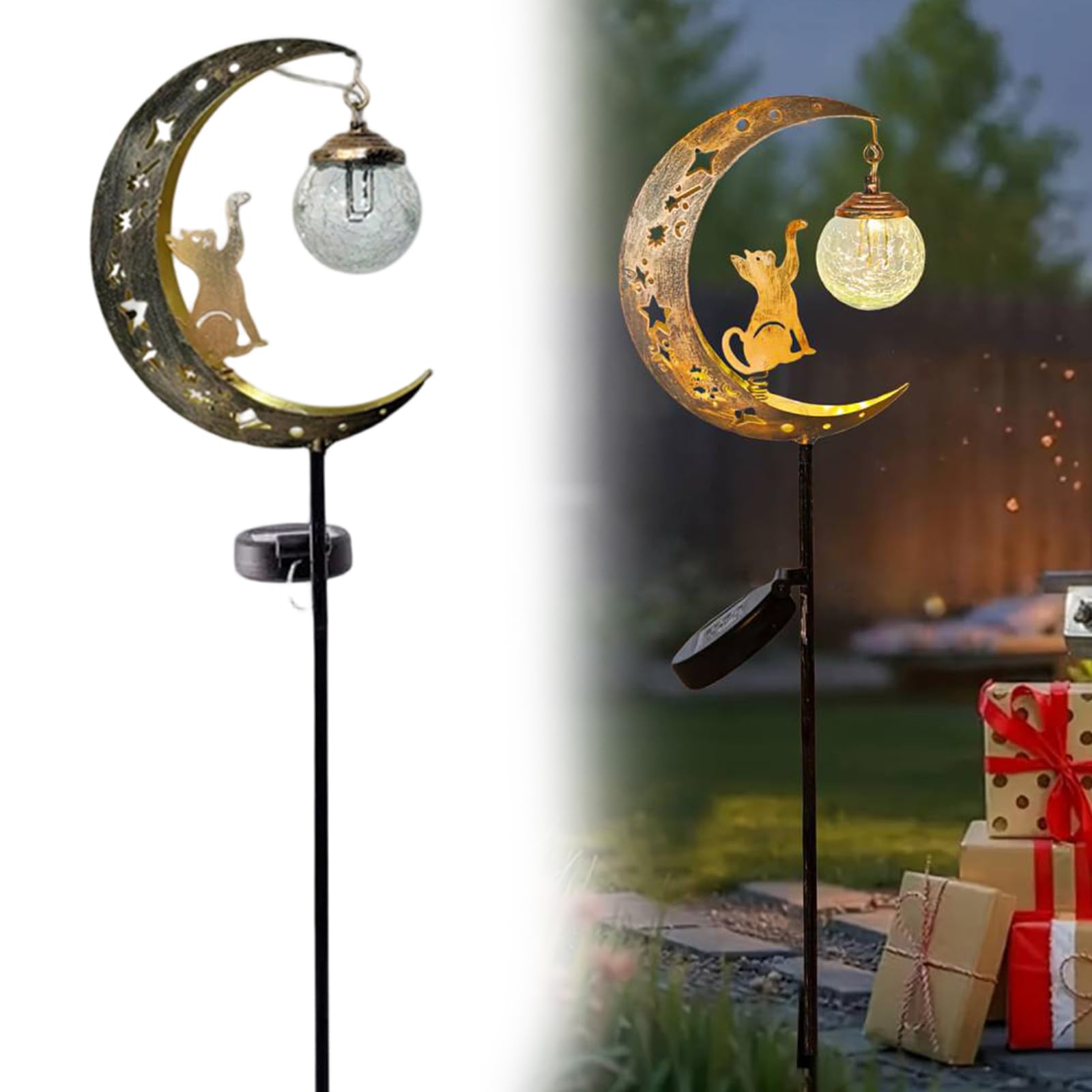 Cat & Hummingbird Moon Solar Garden Lights, Crackle Glass Fairy Metal Garden Stake, Waterproof Warm White LED Lawn Decor for Patio Walkway Backyard Pathway, Unique Gift Idea for Gardeners