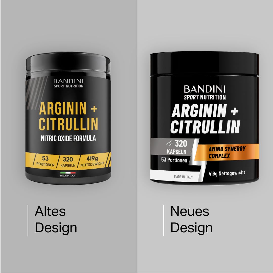 Bandini® L-Arginin + L-Citrullin 320 Kapseln (1100 mg pro Kapsel), Hochdosiert, Arginin + Citrullin Malat für Preworkout, Supplement für Fitnessstudio, Halb-Essentielle Aminosäuren, 50+ Tage Vorrat