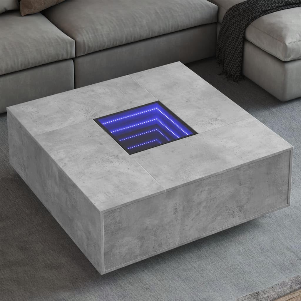Table basse LED infini gris béton 100x100 cm avec ambiance personnalisable