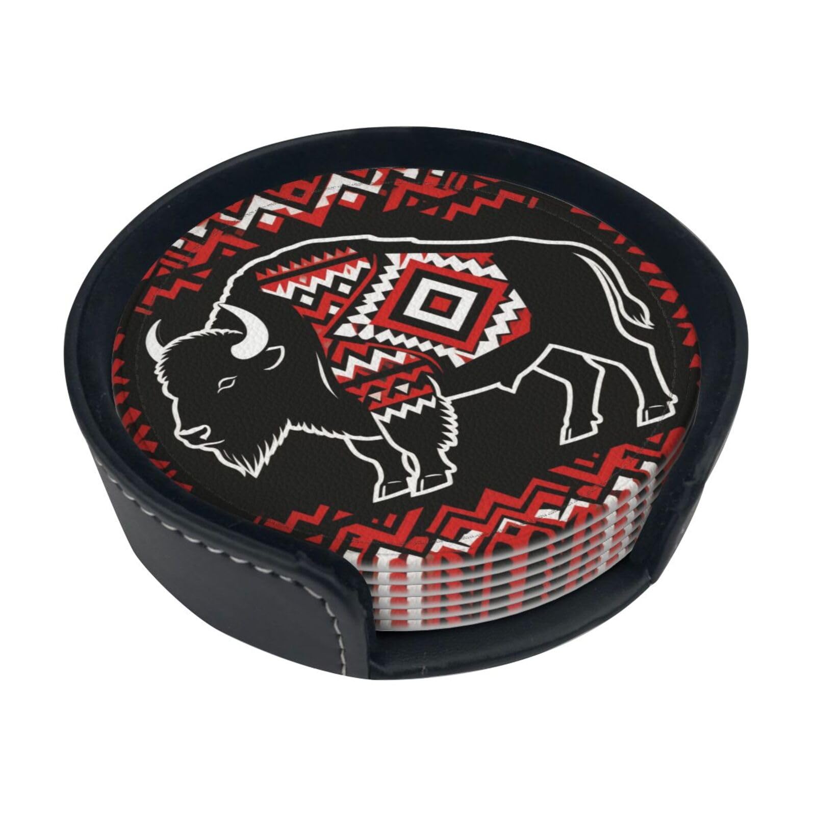 Cntdbu White Bison Totem Art Leather Coasters Set Of 6-Pu Leather Drink Mats For Table, Heat Resistant Round Coasters With Holder