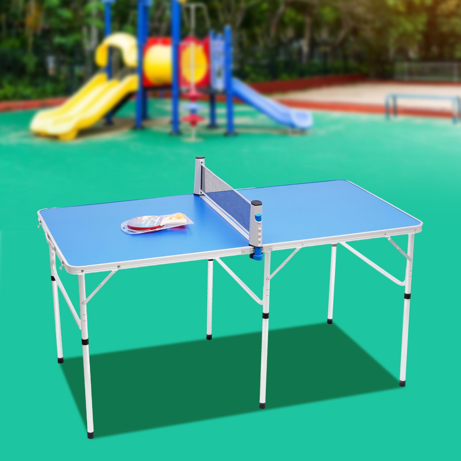 Mesa de ping pong plegable, mini mesa de ping pong con 2 raquetas, 3 pelotas y red de ping pong, mesa de ping pong para interior y exterior, 152 x 76 x 76 cm