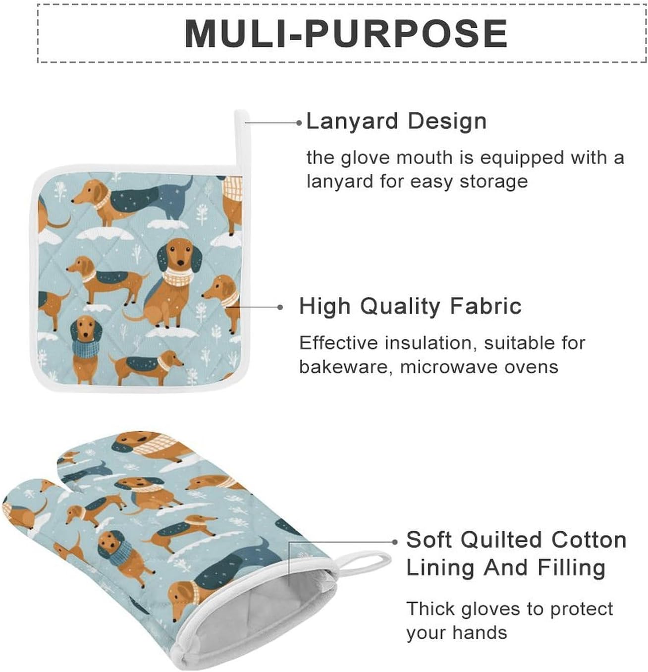 Cute Dachshunds 4 Pcs Oven Mitts and Pot Holders Set High Heat Resistant Long Kitchen Oven Glove Potholders