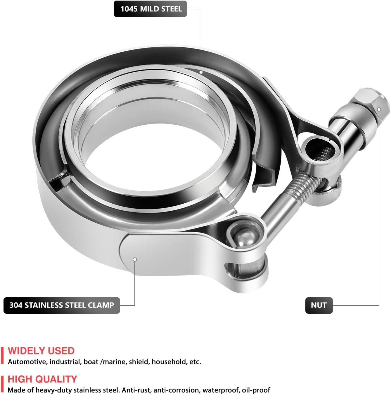 DNA MOTORING 1Pc 2.5" Zinc-Coated Stainless Steel V-Band Clamp with Aluminum Flange Male Female For Turbo, Downpipes, Exhaust Systems, VCF-25-T2