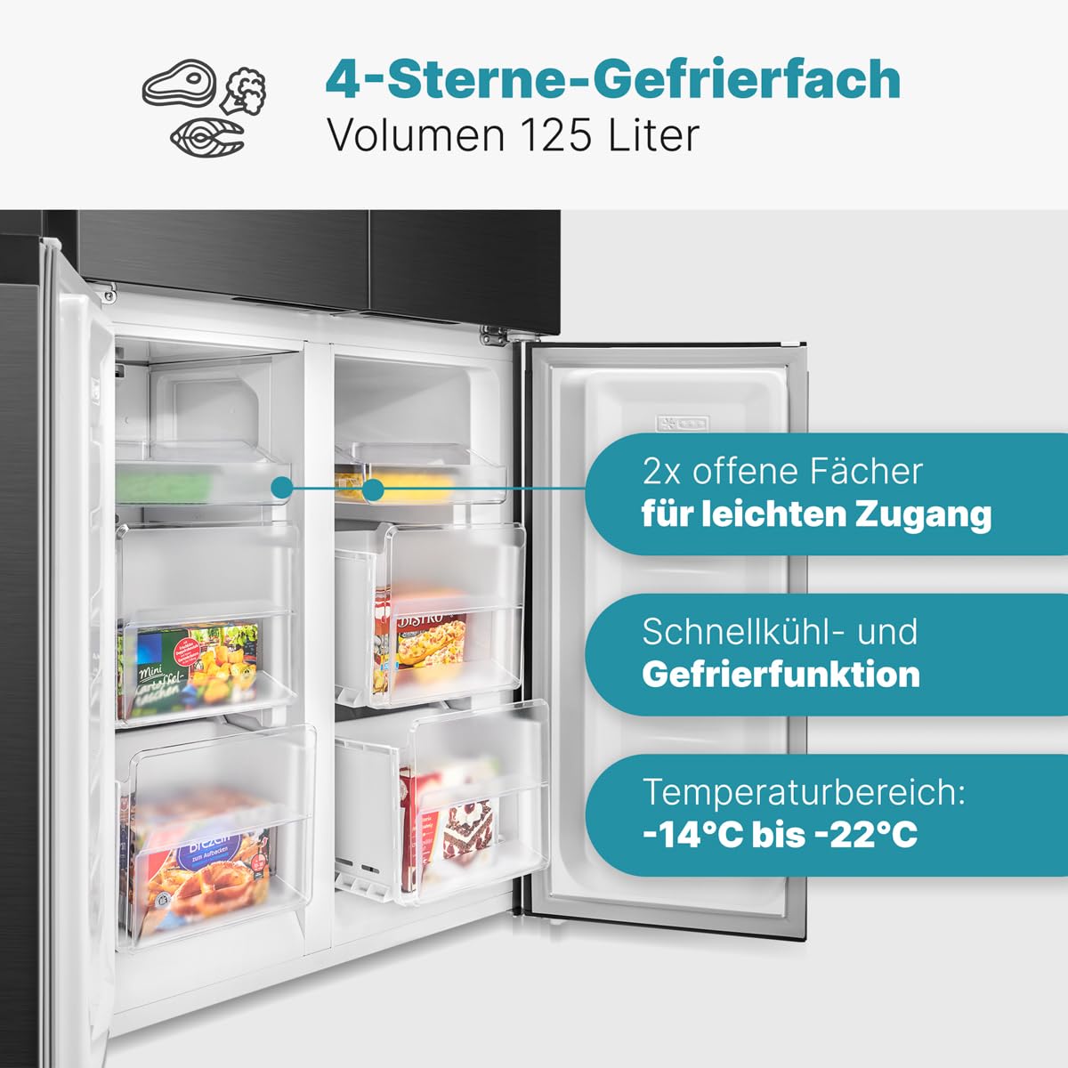 Bomann® French Door Kühlschrank No Frost | Kühl-Gefrier-Kombinationen mit Total No Frost | Kühlschrank mit Gefrierfach 362L | Side by Side Kühlschrank mit MultiAirflow-System | KG 7358 schwarz-inox