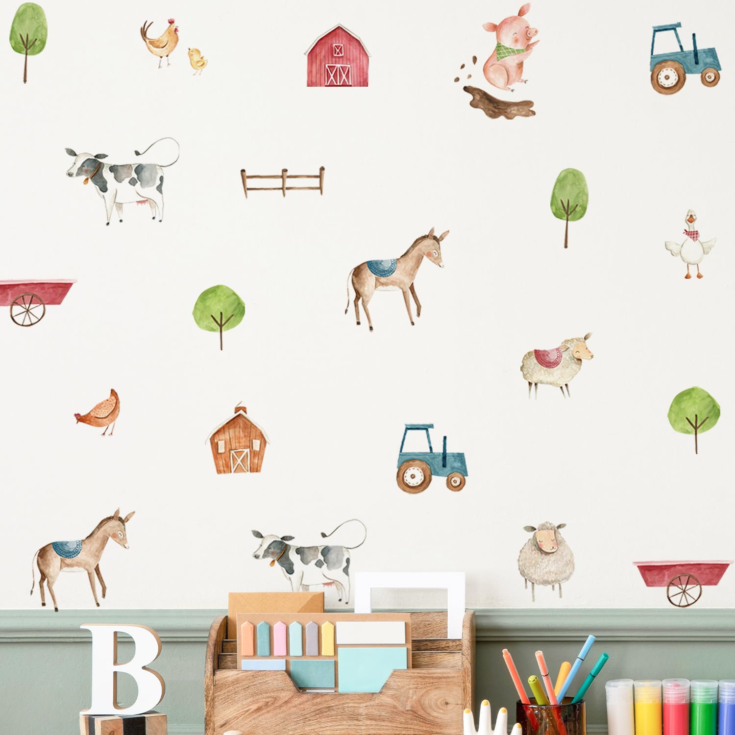 Neukids Boy Kids Wall Stickers, 32pcs Farm Animals Wall Decal for Kids Bedrooms Classroom, Removable Children's Nursery Stickers Walls Boy Baby Toddler Room Decor