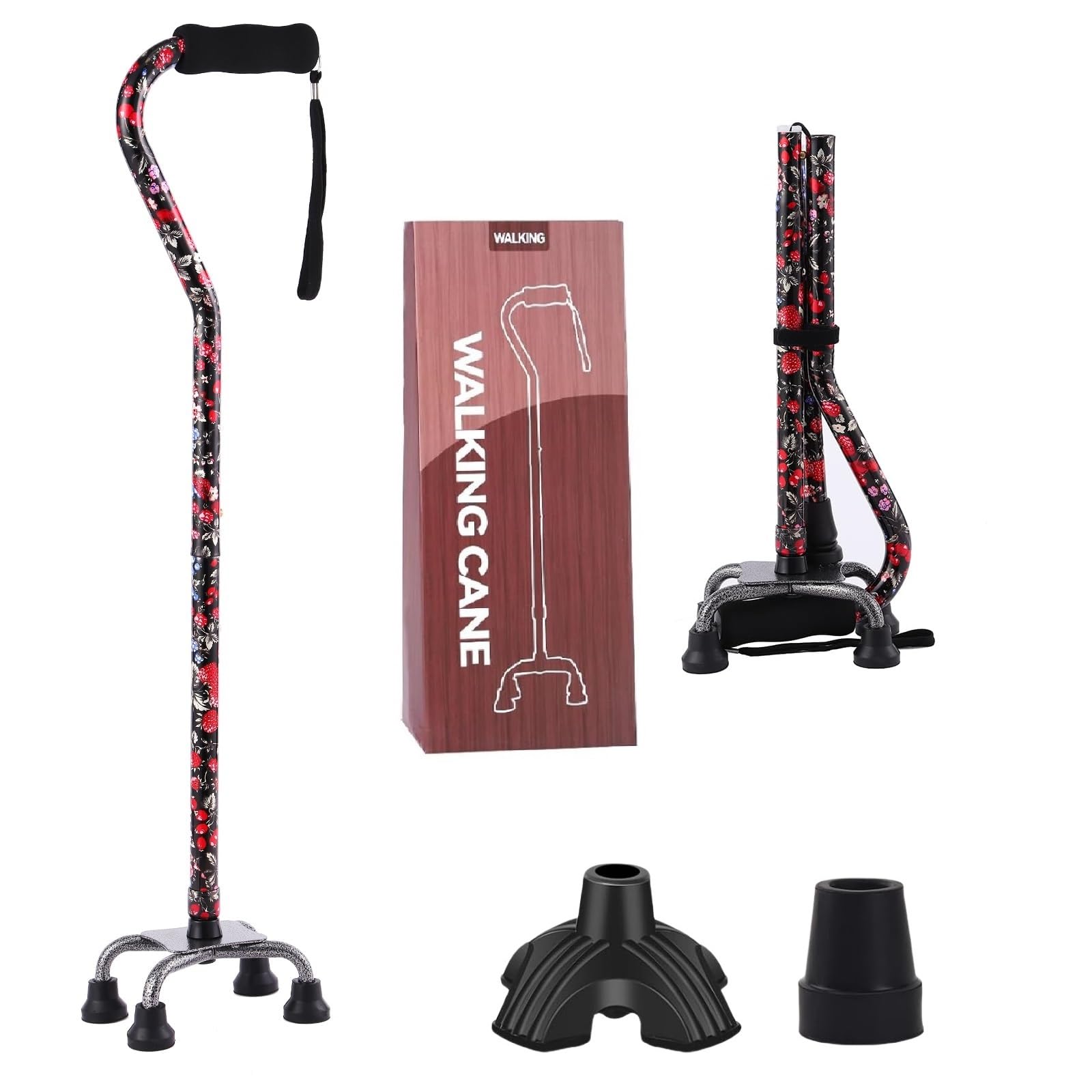 Walking Cane for Women & Men, Folding Offset Quad Cane with 4 Pronged Base for Extra Stability and Balance, Adjustable Aluminum Walking Stick for Seniors