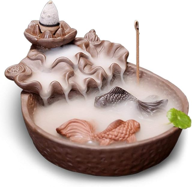 Fish Turn-around Backflow Incense Burner with 10pcs Backflow Incense Cone, Home Ceramic Backflow Incense Cone Holder Burner
