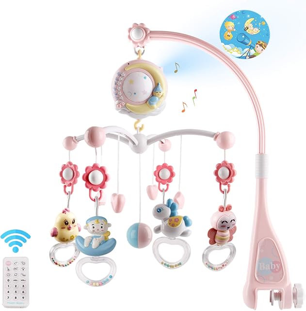 Baby Musical Crib Mobile with Timing Function Projector and Lights,Hanging Rotating Rattles and Remote Control Music Box with 150 Melodies,Toy for Newborn 6 12 24 Months