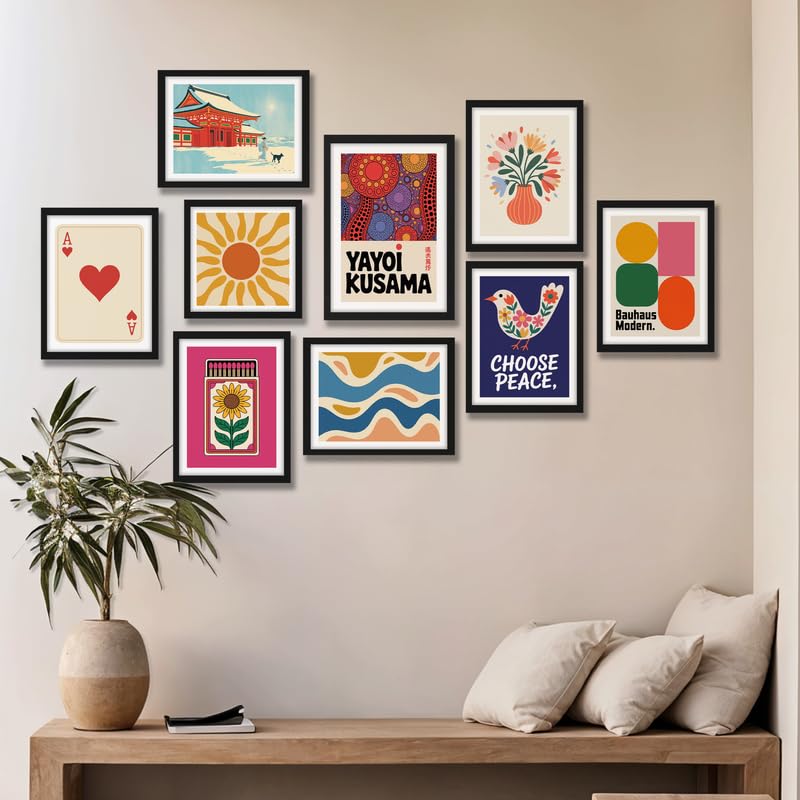 Image of NoWorries Gallery Wall Painting Set of 9 with Frame | Japanese Temple, Ace Card, Sunflower Matchbox, Flower Vase, Peace Bird, Bauhaus Abstract & Colorful Modern Artwork for Living Room, Bedroom, Office and Home Decor (Art-12, Frames Size- 10x13,10x10 inches)