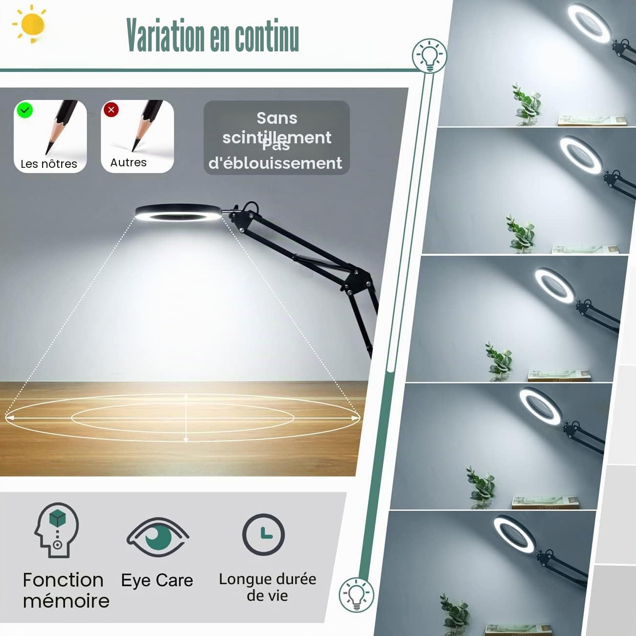 Lampe Loupe de Bureau avec LED 10X, Bras Pivotant Réglable, Pince Métal, 3 Modes Couleur, 10 Niveaux Luminosité