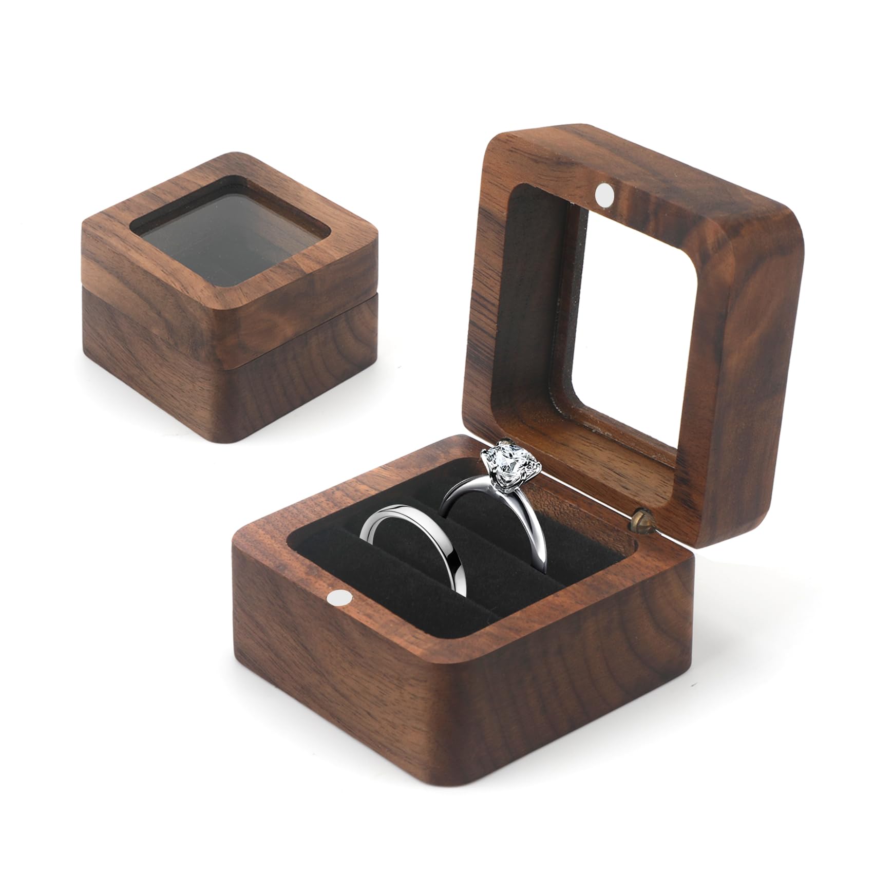 Ringbox, Ringbox Hochzeit, Ringschatulle, Ringbox Holz, Quadratische Ring Box aus Walnuss mit Transparentem Sichtfenster und Schwarzer Samt Verkleidung