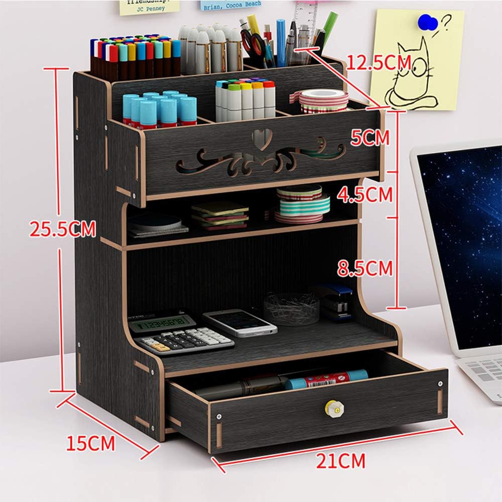 Wooden Desk Organiser Large Capacity Drawer Stationery Desktop Storage Box Desk Tidy Pen Holder for Home, Office and School (Black)