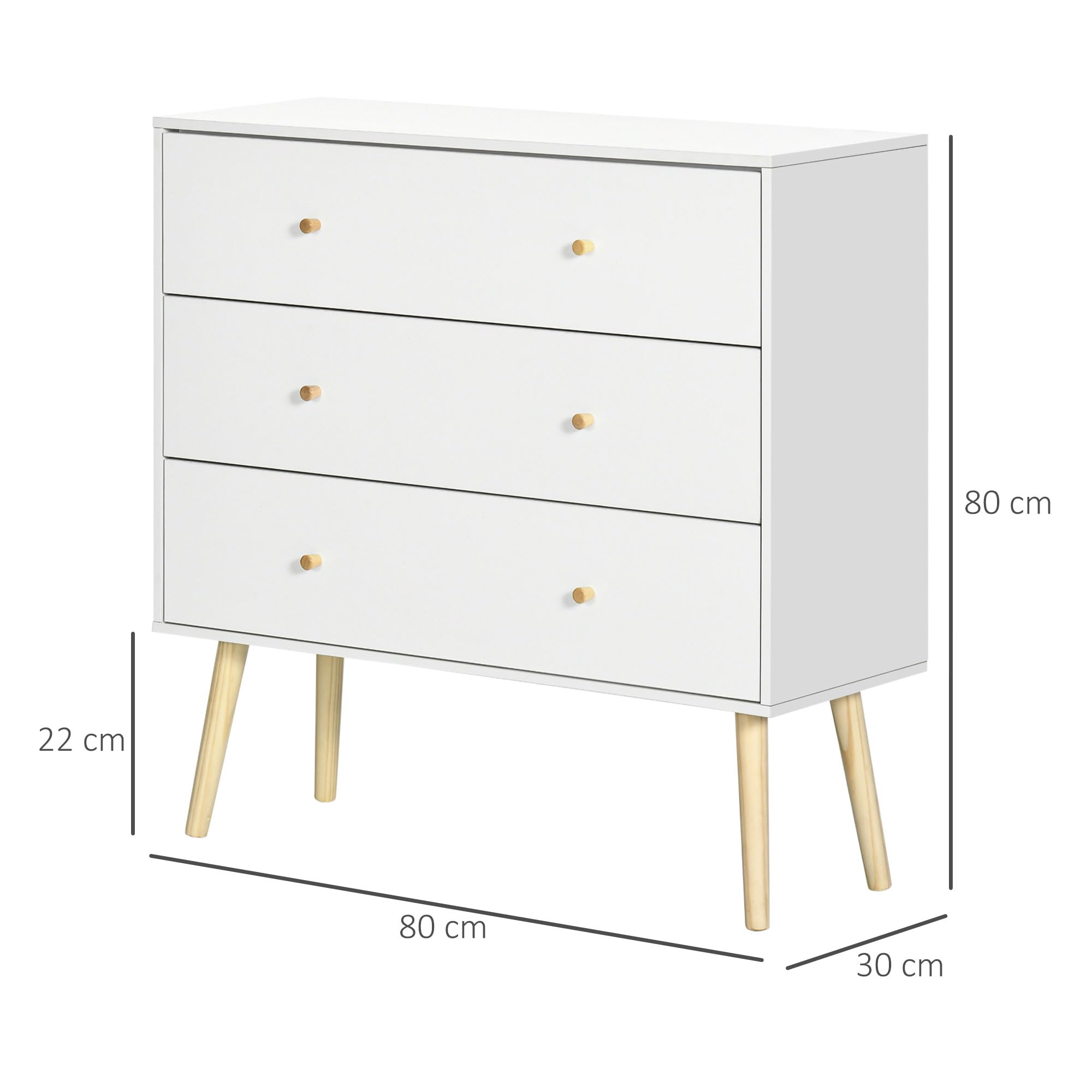 HOMCOM Cómoda con 3 Cajones Sinfonier para Dormitorio 80x30x80 cm Blanco | Patas de Madera, Diseño Antivuelco, Carga 70 kg, Cajonera para Salón Oficina