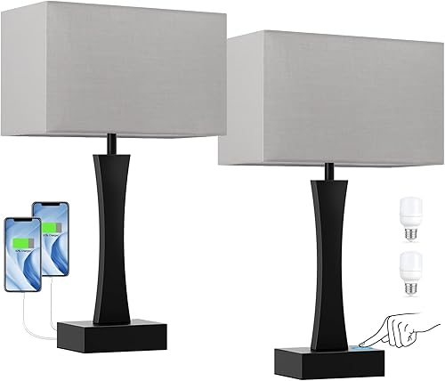 Miniatura 8 de Lámparas de noche para mesitas de noche, lámpara de mesa regulable de 3 vías para dormitorio con puertos USB C+A, juego de 2 lámparas de noche