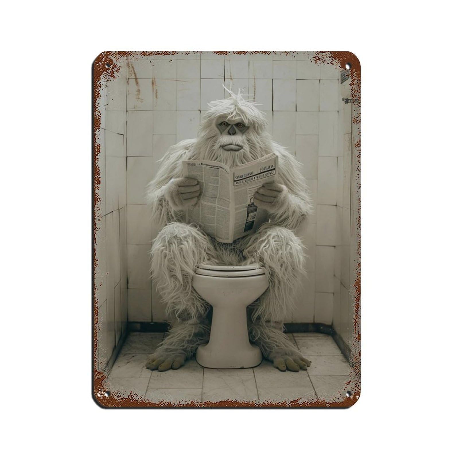 Yeti Sitting on The Toilet Reading A Newspaper (5) Tin Sign Vintage Metal Pub Club Cafe Bar Home Wall Art Decoration Poster Retro 12x16inch(30x40cm)