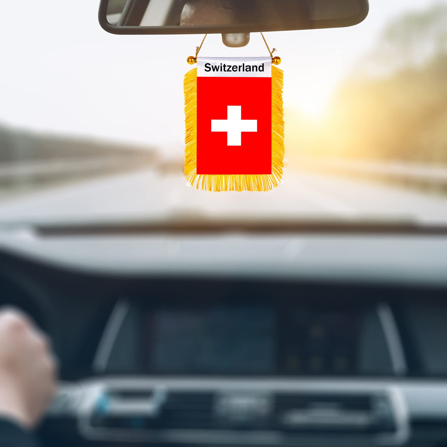 WXTWK 3 X 5 Inch Switzerland Flag Swiss Window Hanging Flag Small Mini Car Flags Banners Rearview Mirror Decoration With Suction Cup Golden Fringy Banner