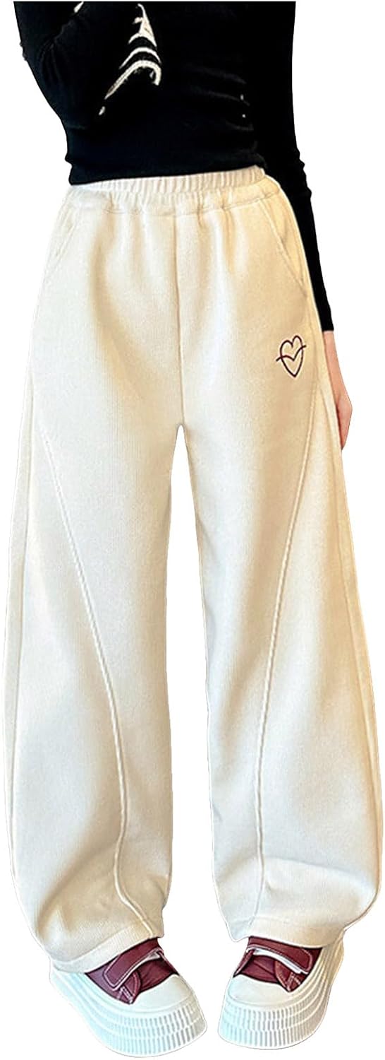 IWIHMIV Sweatpants for Girls Wide Leg Cargo Pants with Pockets Elastic Waist Loose Fit Jogger Trousers