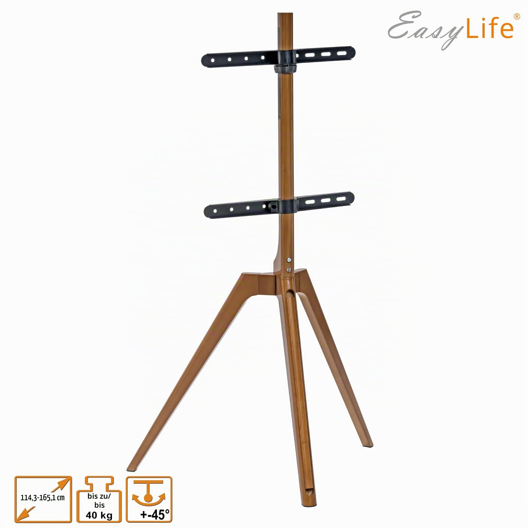 EasyLife - TV Stativ Holz Staffelei Tripod - Studio TV Stand bis 65'' Zoll & 40 kg Fernseher/Monitor, schwenkbar, höhenverstellbar, Kabel Management, VESA bis 400x400 (Schwarz/Nussbaum)