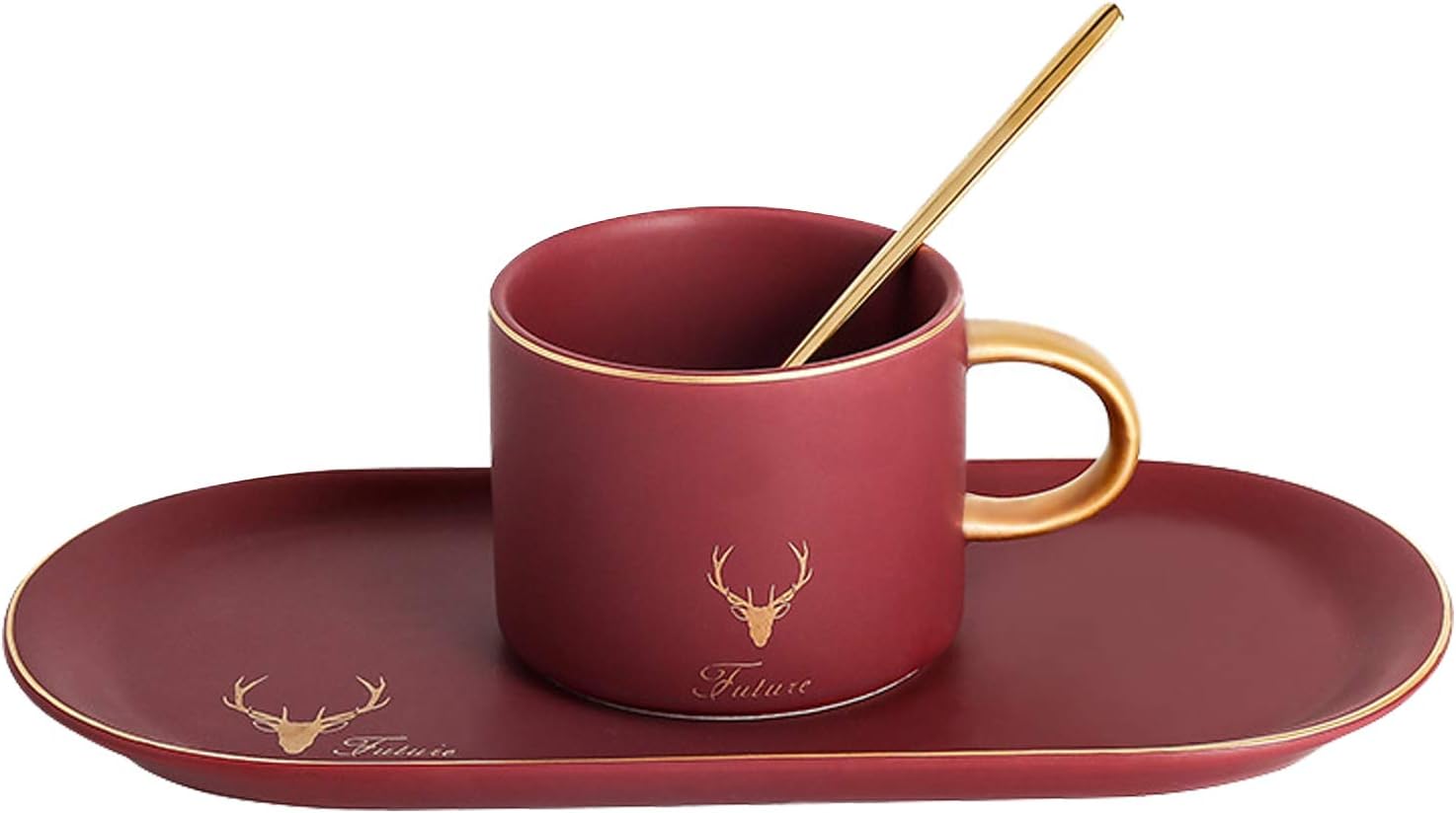 Espresso Cups and Saucers with Espresso Spoons Porcelain Coffee Mugs for Cappuccino Latte (Red, 8oz)