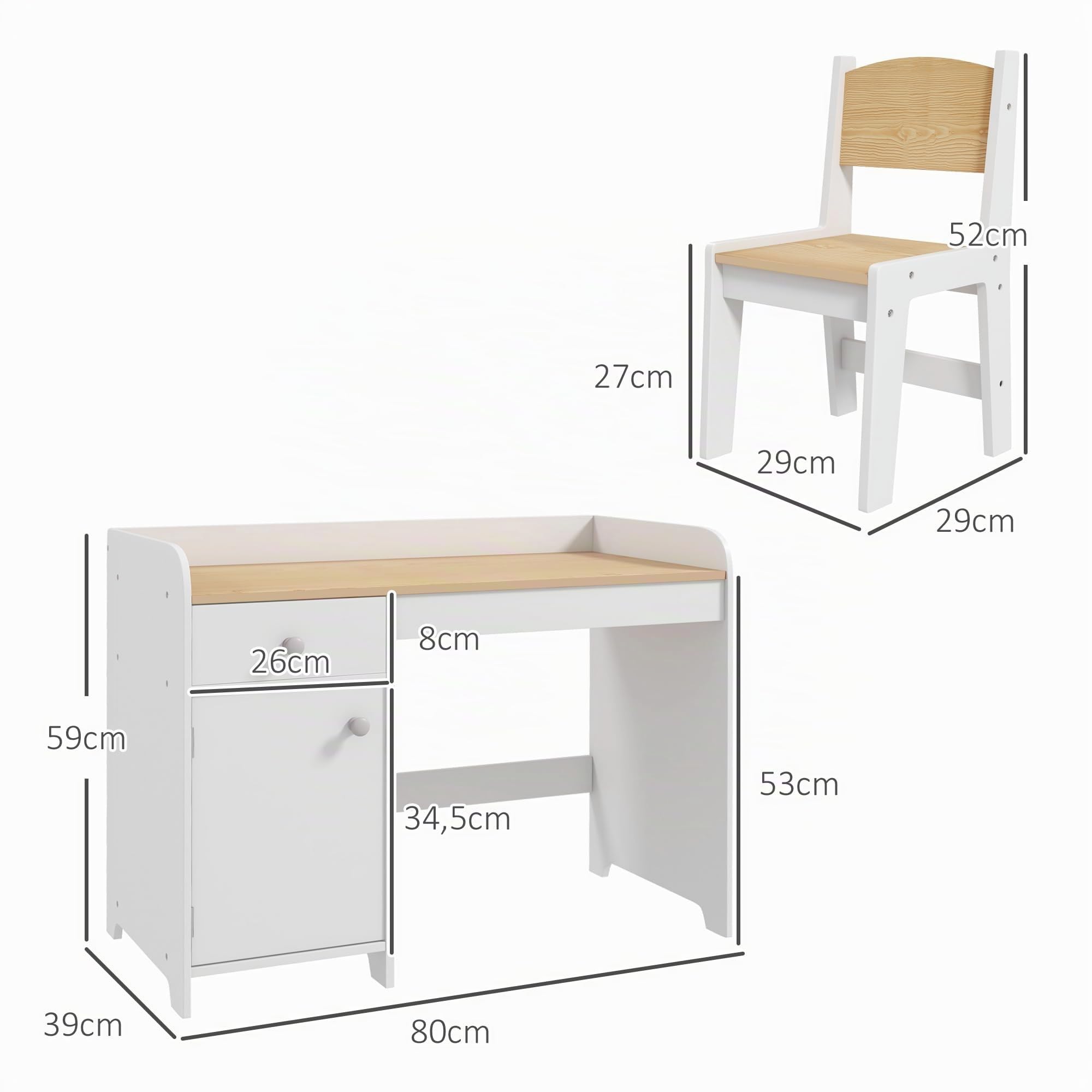 ZONEKIZ Bureau Enfant avec Chaise 3 à 6 Ans 80 x 39 x 59 cm Blanc