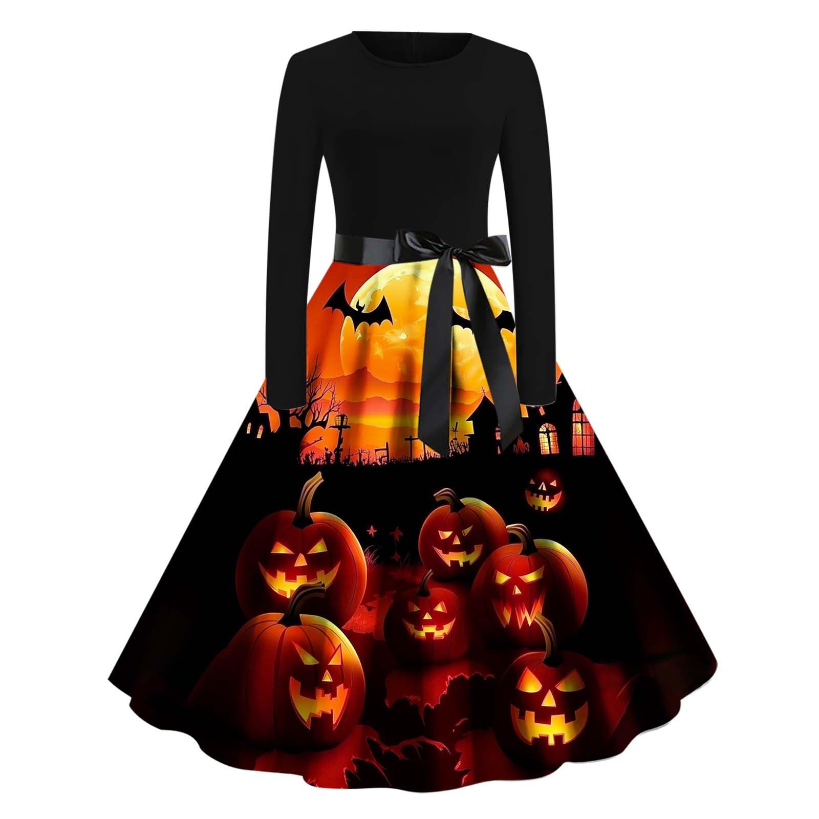HAOLEI Halloween Costumes Adult Women, Ladies Halloween Dress Retro Pumpkin Skeleton Print Long Sleeve A Line Swing Dress Black Vintage Skull Witch Rockabilly Party Cocktail Novelty Dresses