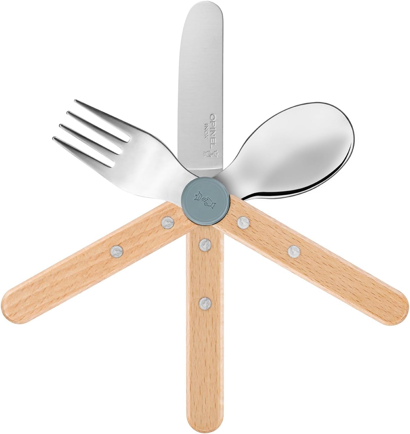 OPINEL Le Petit Gourmet Set de Couverts pour Enfants – Personnalisable avec Gravure – 4 pièces en Acier Inoxydable, idée Cadeau pour Naissance, baptême ou Anniversaire (Bleu Pluie)