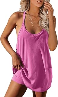 Womens Workout Romper Dress with Shorts Underneath Sleeveless Spaghetti Straps Athletic Outfits Casual Vacation - Buy now