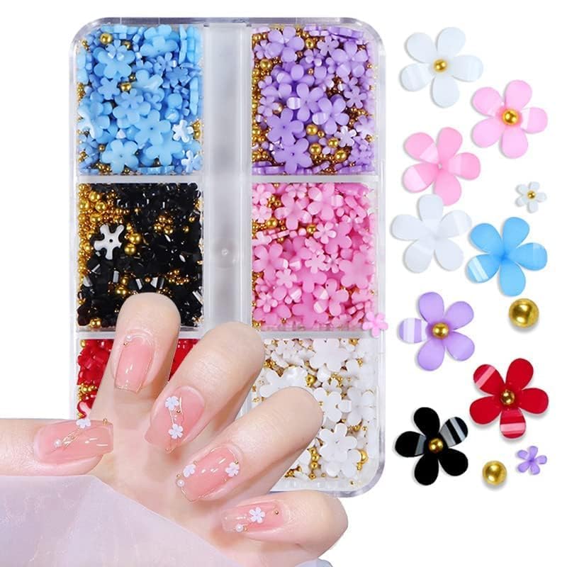 Flowers Acrylic Nails 3D Floral Nail Charms Glitter White Flower with Gold Silver Nail Ball Beads and Beads Resin Flowers for Nail Art Decoration & DIY Crafting Design (muluti colour)-image-38