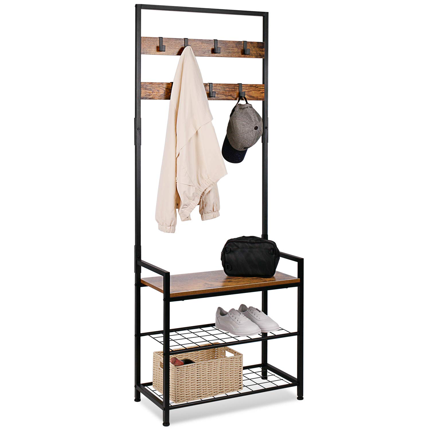homekoko coat rack shoe bench hall tree entryway storage shelf wood look accent furniture with metal frame 3 in 1 design