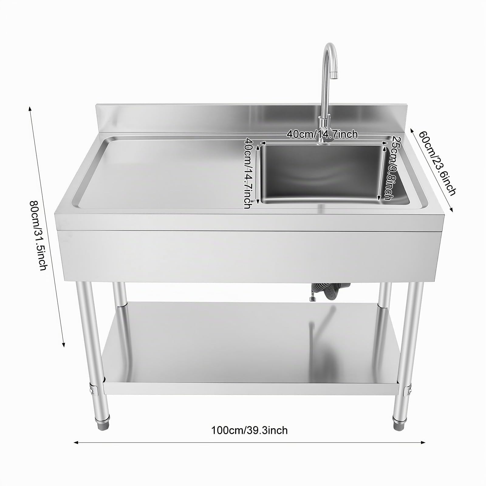 100 x 60 x 80CM Commercial Küchenspülen, Edelstahl 300KG Tragkraft Gebürsteter Prozess Edelstahlspüle 1 Becken (rechts) mit Wasserhahn Abflussrohr Filterkorb für Waschen Von Obst Gemüse Schüsseln