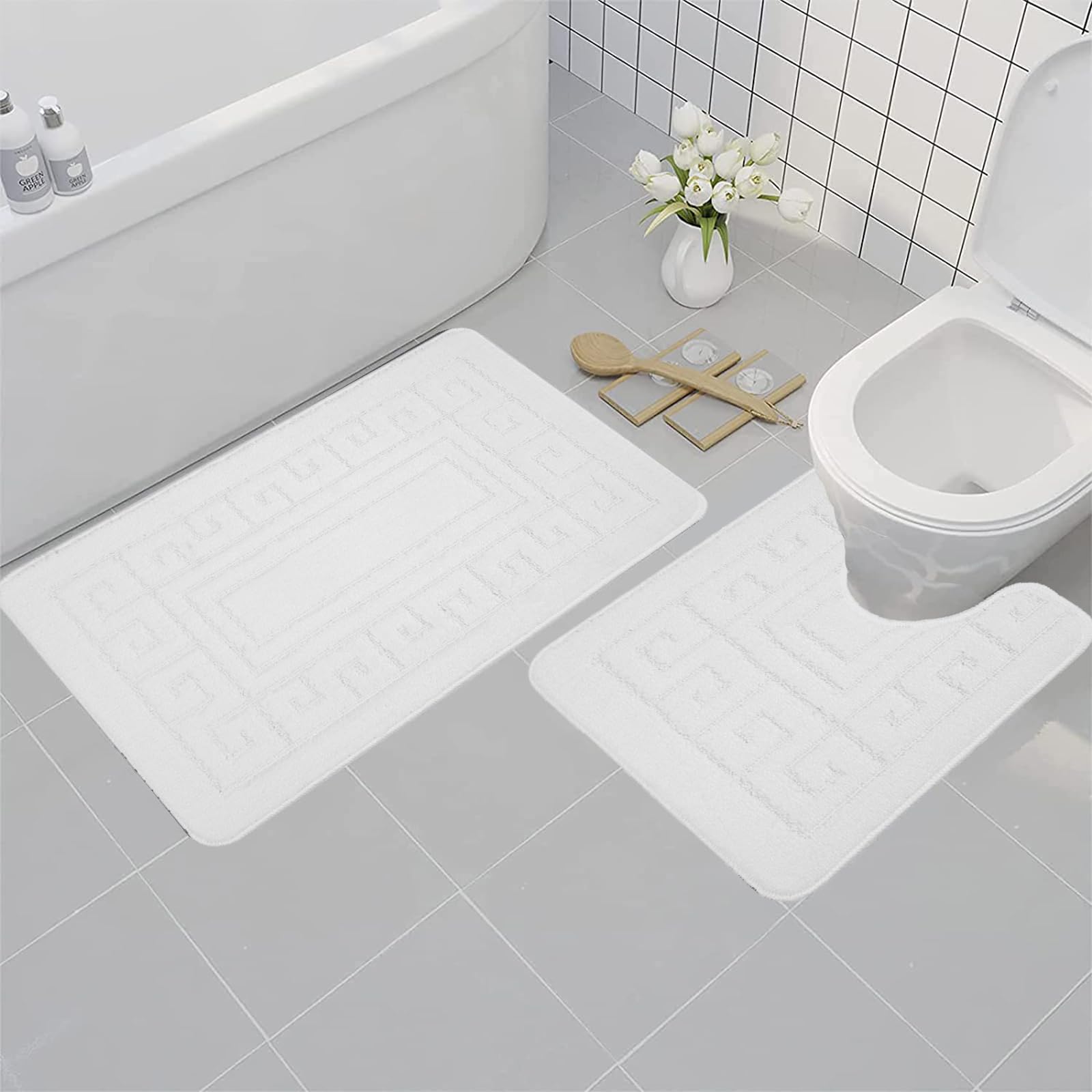 Greek Bath Mat 2 Pcs Set Non-Slip Bath Rug Toilet Mat Washable Bathroom Mats Rugs Absorbent Soft Rug for Bathtub Bathroom Includes 1 Bath Mat (50 X 80cm) And 1 Pedestal Mat (50 X 40cm) (WHITE) โ image 1