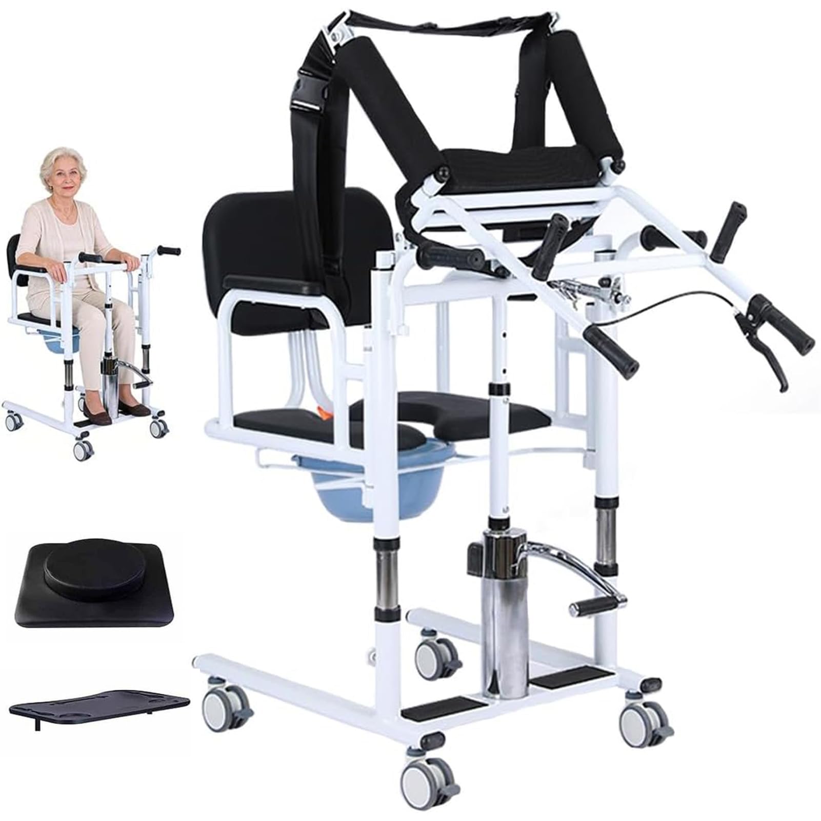 Joyfitness Elderly Patient Wheelchair Lift Transfer Chair, Hydraulic Nursing Chair for Mobility Care, 180° Split Seat, Removable Potty & Cushion, 4 x Lockable Wheels, Lifting 41-65cm, 440Lbs Capacity